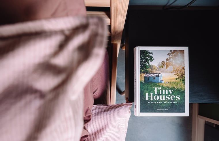 Buch ueber kleine Haeuser auf dem Nachttisch im Ferienhaus in Koudum, Inspiration fuer Minimalismus.