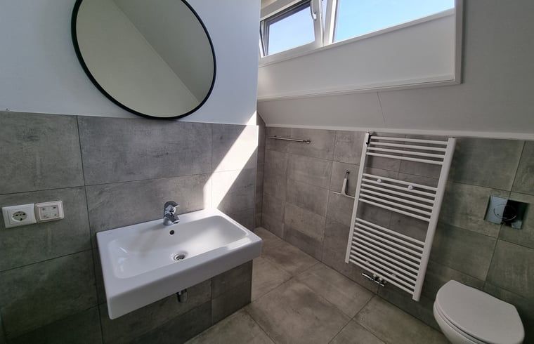 Stilvolles Badezimmer im Ferienhaus in Balk mit Waschbecken und natuerlichem Licht, perfekt fuer Frische an den friesischen Seen.