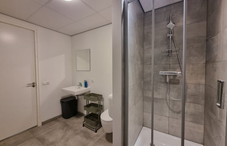 Modernes Badezimmer mit Dusche im Ferienhaus in Balk, ideal fuer Komfort und Frische an den friesischen Seen.