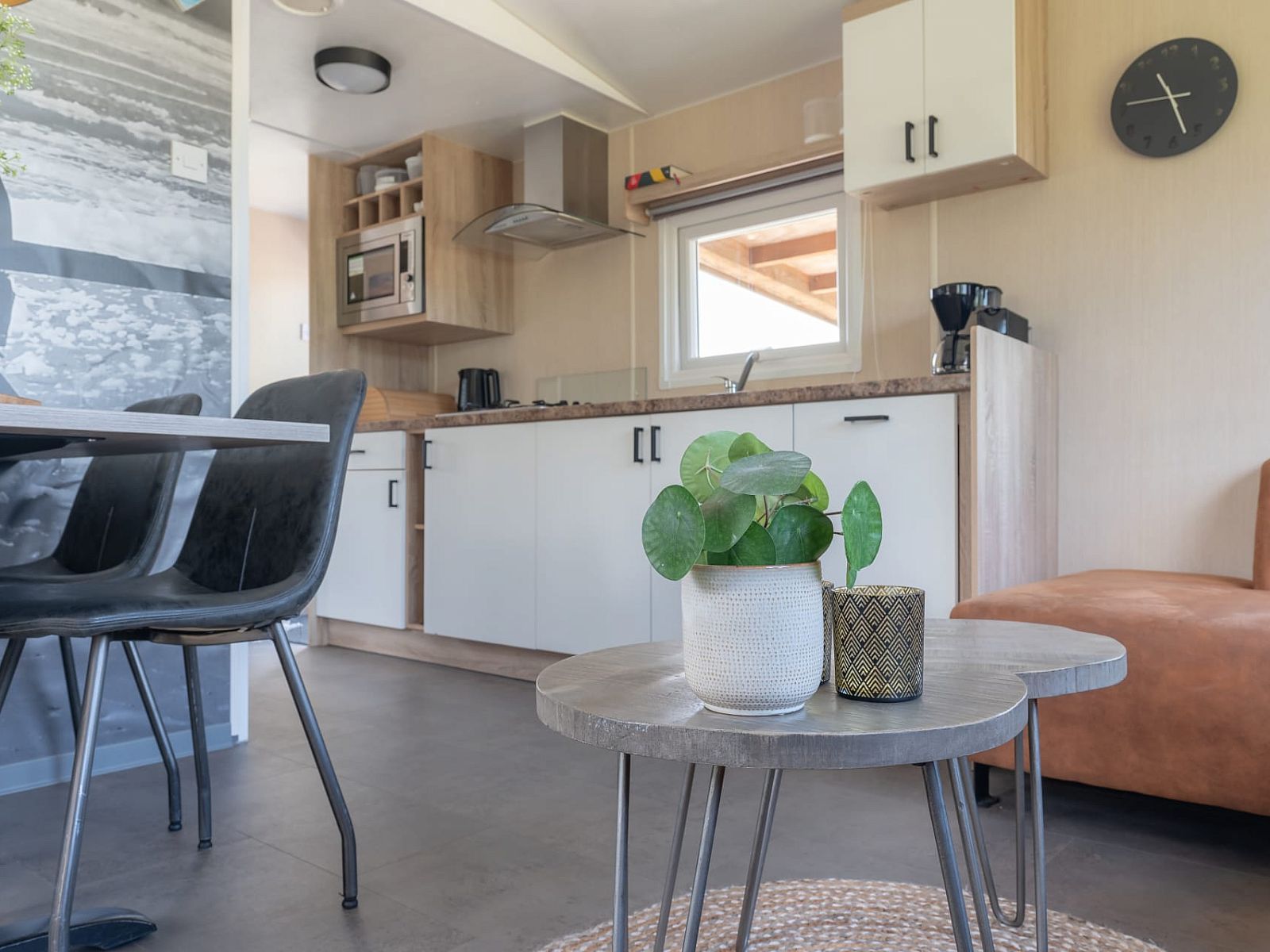 Gezellige binnenruimte van Mobil Home de Stern in Offingawier, Sneekermeer, met moderne keuken en comfortabele zithoek.