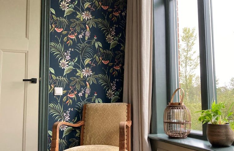 Stijlvolle leeshoek in Vakantiehuis in Sumar, Bergumermeer, met vintage stoel en planten.