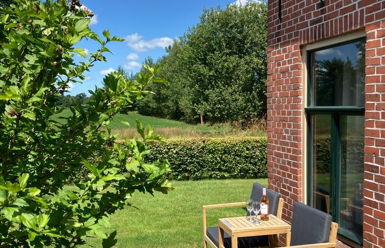 Zonnig terras bij Vakantiehuis in Sumar, Friese meren, met uitzicht op de groene tuin.