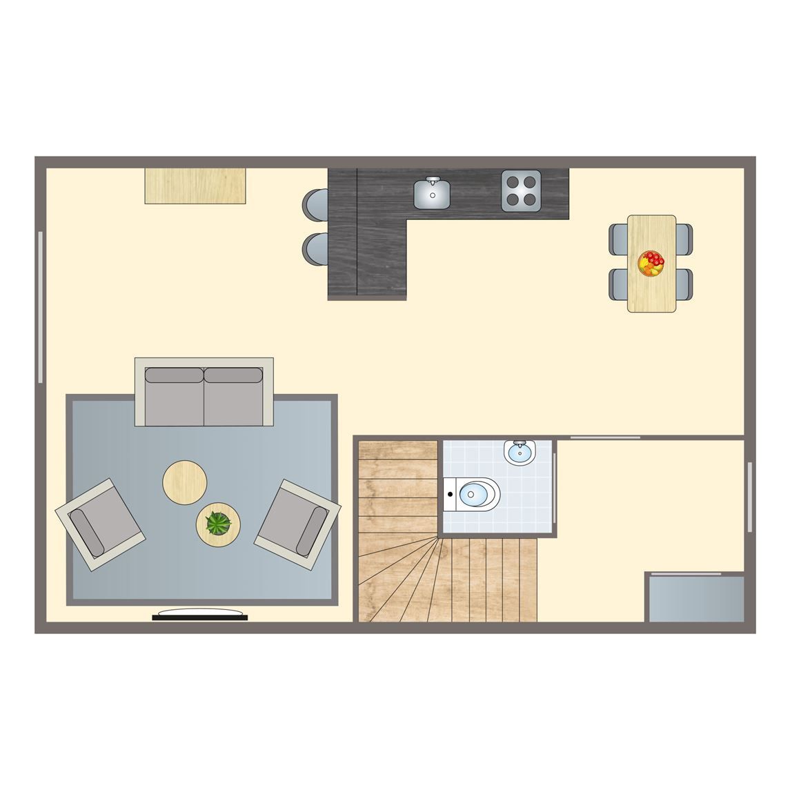 Plattegrond van Esonstad 4-persoons woning 4L1 in Anjum, ruime woonkamer met keuken en terras nabij Lauwersmeer.