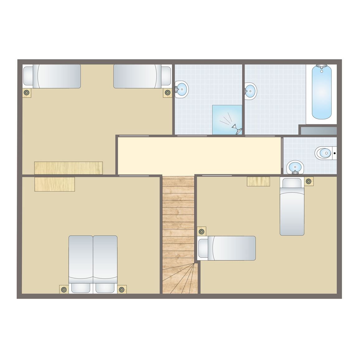 Bovenverdieping van Esonstad 8-persoons woning 8E1 in Anjum, met comfortabele slaapkamers en moderne badkamers nabij de Friese meren.