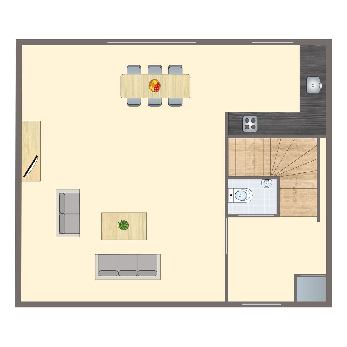 Plattegrond van Esonstad 4-persoons kinderbungalow 4LK in Anjum, met ruime woonkamer en keuken bij Lauwersmeer.