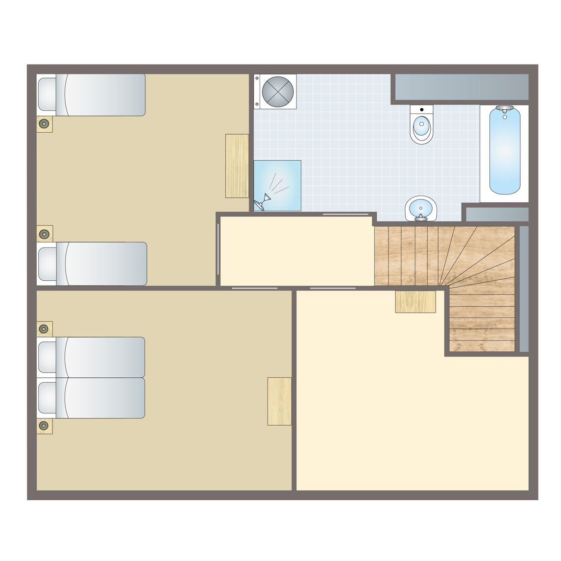 Bovenverdieping van Esonstad kinderbungalow 4LK in Anjum, met slaapkamers en badkamer, ideaal voor gezinnen bij Friese meren.