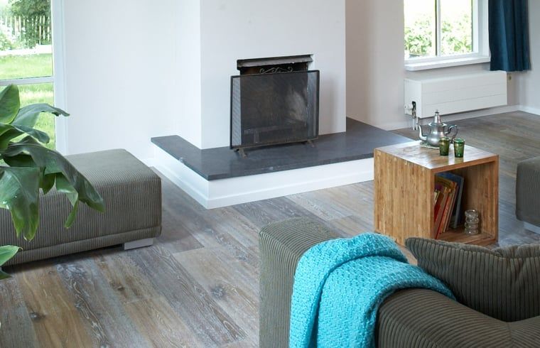 Cozy living room in Holiday Home in Kollumerpomp, Lauwersmeer, with fireplace and comfortable seating area for relaxation.