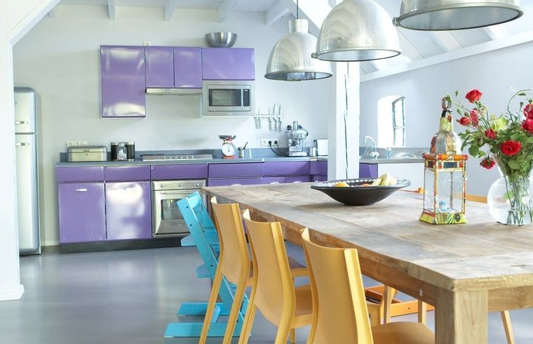 Modern kitchen in Holiday home in Kollumerpomp, Lauwersmeer, equipped with colorful furniture and spacious dining area.