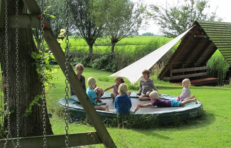 Children play in the garden of Holiday home in Kollumerpomp, Lauwersmeer, with trampoline and playground equipment.