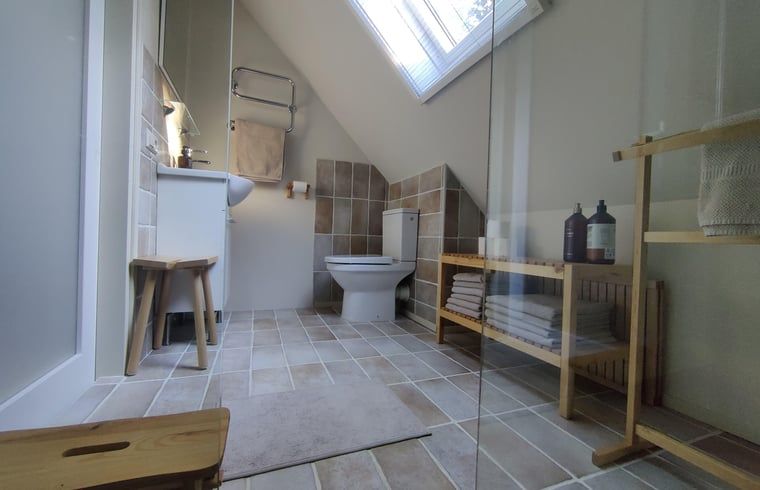 Ruime badkamer in Vakantiehuis in Spier met eigentijdse voorzieningen in Drenthe.