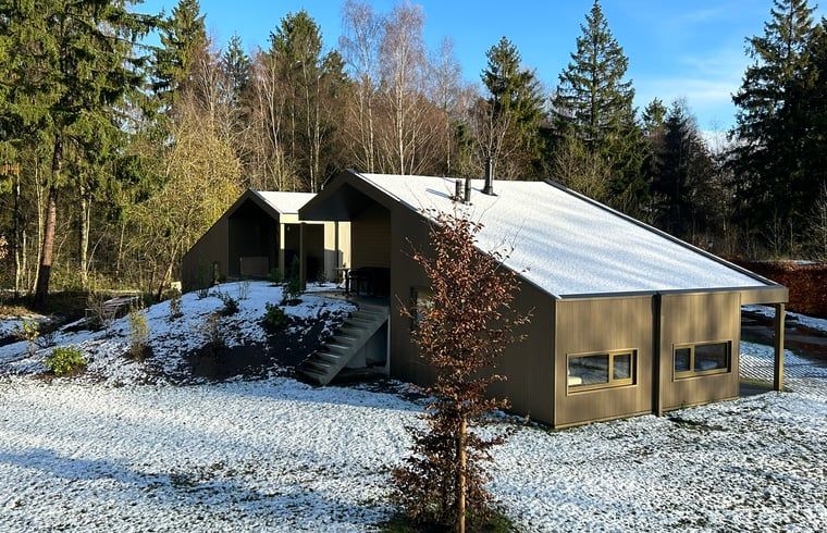 Vakantiehuisje in Spier tijdens de winter, bedekt met een laagje sneeuw in de Drentse bossen.