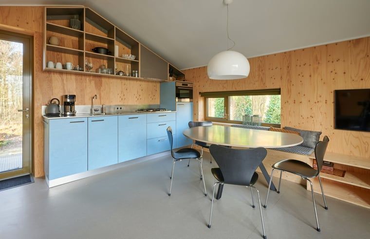Moderne keuken in Vakantiehuisje in Spier, Drenthe, met houten details en blauwe accenten.