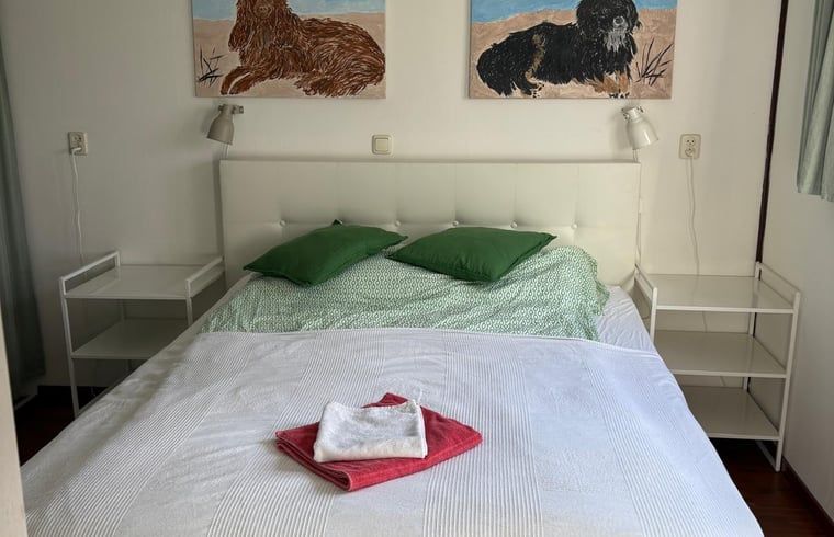 Comfortabele hoofdslaapkamer in Vakantiehuisje in Wezuperbrug met kunst aan de muur in Midden Drenthe, Drenthe.