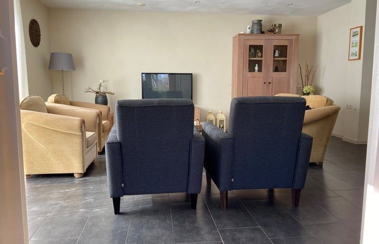 Bequeme Sessel und Fernseher im Wohnzimmer des Ferienhauses in Beilen, Zentral-Drenthe.