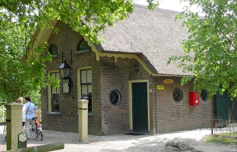 Charming vacation home in Orvelte, Central Drenthe, with thatched roof and green surroundings.