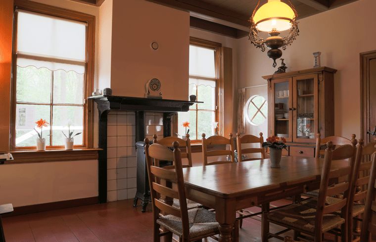 Cozy living room in vacation home in Orvelte, Central Drenthe, with fireplace and large windows.