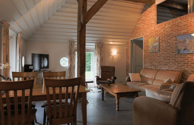 Comfortable sitting area in vacation home in Orvelte, Central Drenthe, with leather sofas and TV.