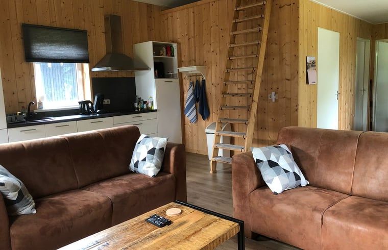 Gezellige woonkamer in Vakantiehuis in Gasselte, Midden Drenthe, met comfortabele banken en een rustieke houten afwerking.