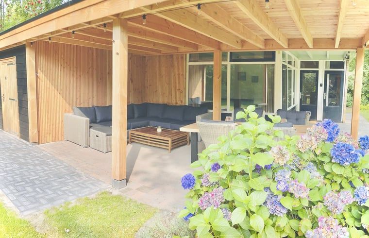Gezellige veranda van Huisje in Gasselte, vakantiehuis in Midden Drenthe, met comfortabele zithoek en uitzicht op kleurrijke hortensia's.