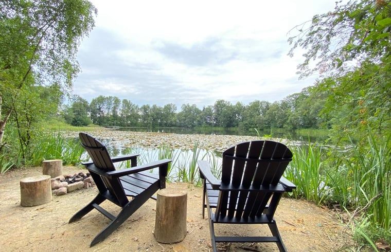 Geniet van het serene uitzicht op de vijver bij Vakantiehuisje in Papenvoort, een idyllische vakantiewoning in Midden Drenthe, Drenthe.