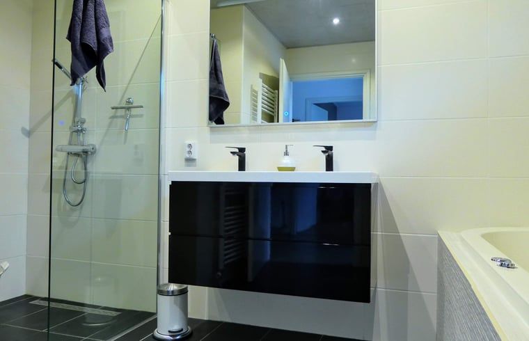 Moderne badkamer in Vakantiehuis in Westerbork met luxe voorzieningen, gelegen in Midden Drenthe, Drenthe.