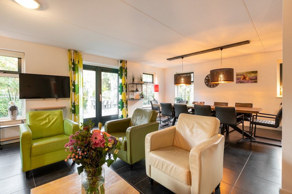 Gemuetliches Wohnzimmer der Zandduin Villa mit Sauna 10 in Hooghalen, Drenthe, mit bequemen Stuehlen und Blick auf den Garten.