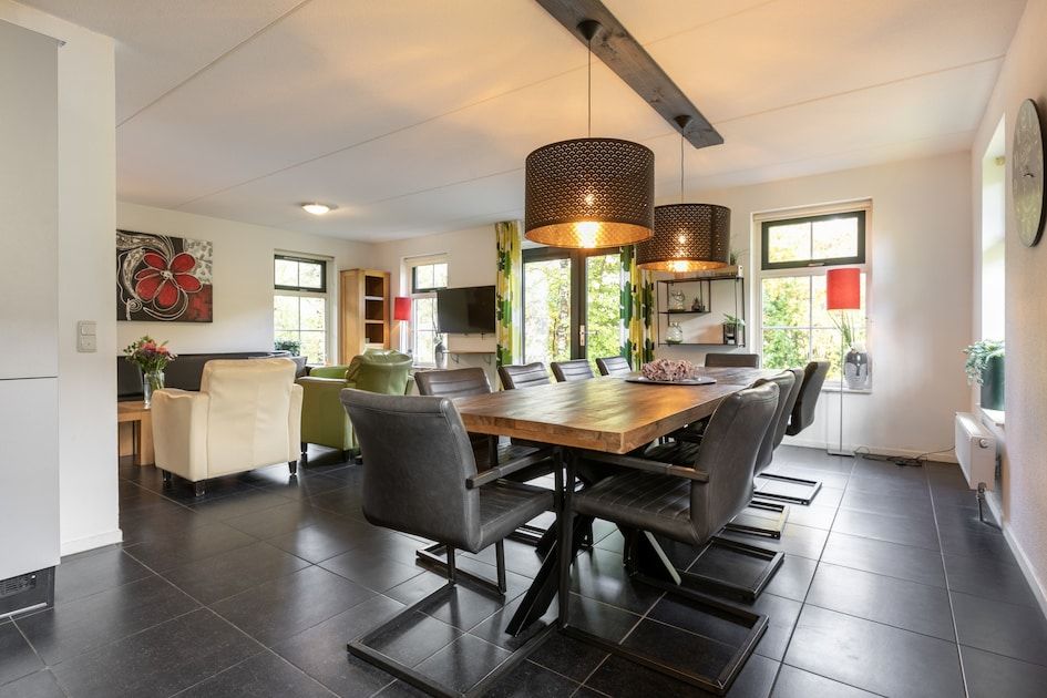 Geraeumiges Wohnzimmer der Zandduin Villa mit Sauna 10, einem Ferienhaus in Hooghalen, Drenthe, mit moderner Einrichtung und viel natuerlichem Licht.