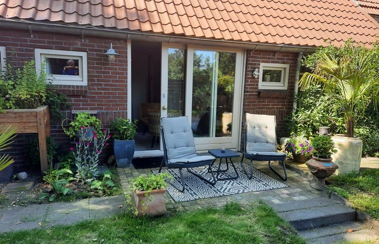 Garten von Cottage in Eesergroen, Ferienhaus in Drenthe mit gemuetlicher Sitzecke und gruener Umgebung.