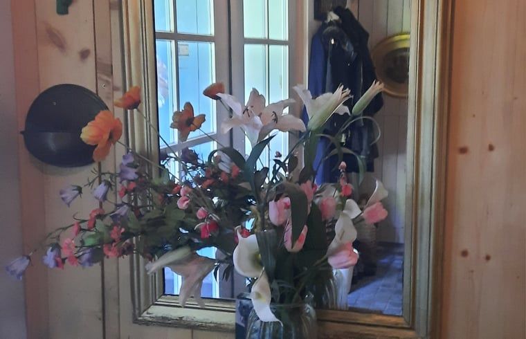 Blumendekoration im Cottage in Eesergroen, Ferienunterkunft in Drenthe mit Spiegel.