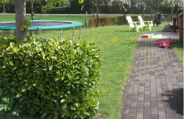Trampoline en tuinpad bij Huisje in Eesergroen, vakantiehuis in Eesergroen, Drenthe.
