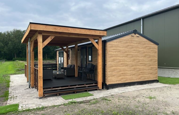 Spacious porch of the Cottage in Eeserveen, Drenthe surrounded by greenery.