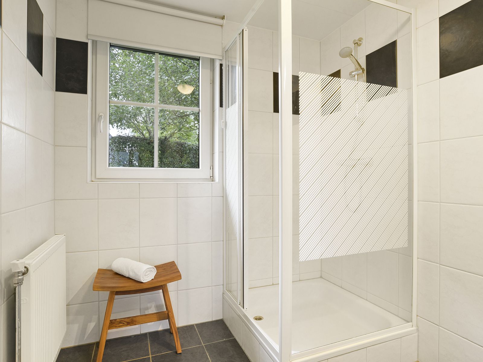 Moderne badkamer in Orveltermarke 4-persoons bungalow 4L, Witteveen, Drenthe, met ruime douche en uitzicht op groene omgeving.