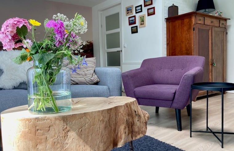 Stijlvolle woonkamer met bloemen in Huisje in Nieuw Balinge, vakantiehuis in Midden Drenthe.
