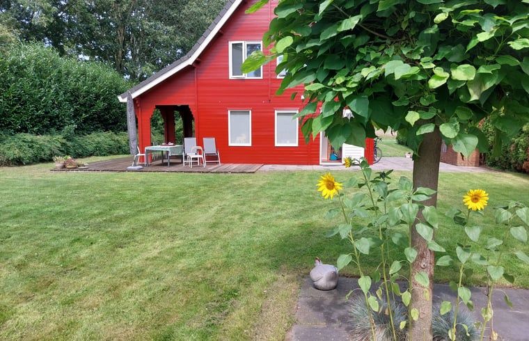 Gemuetliche Terrasse des Ferienhauses in Nieuw Balinge, Mittel-Drenthe, mit Blick auf einen gruenen Garten.