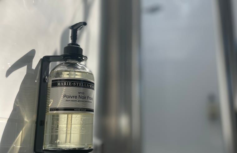 Stijlvolle handzeep in de badkamer van Huisje in Een, Noord Drenthe.