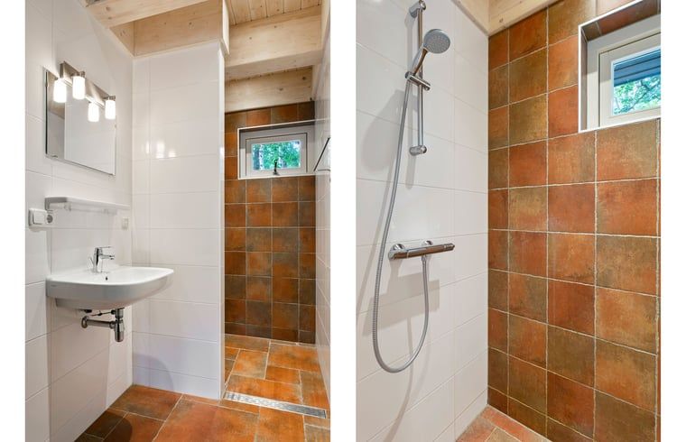 Stijlvolle badkamer in Vakantiehuisje in Norg, Drenthe met moderne douche.