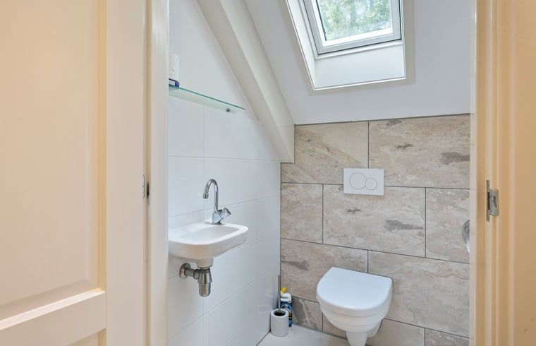 Compacte badkamer in Vakantiehuisje in Norg, Drenthe met toilet en wasbak.