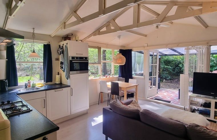 Gemuetlicher Innenbereich des Huisje in Norg, einem Ferienhaus in Norg, Nord-Drenthe, mit Blick auf die gruene Natur durch grosse Fenster.