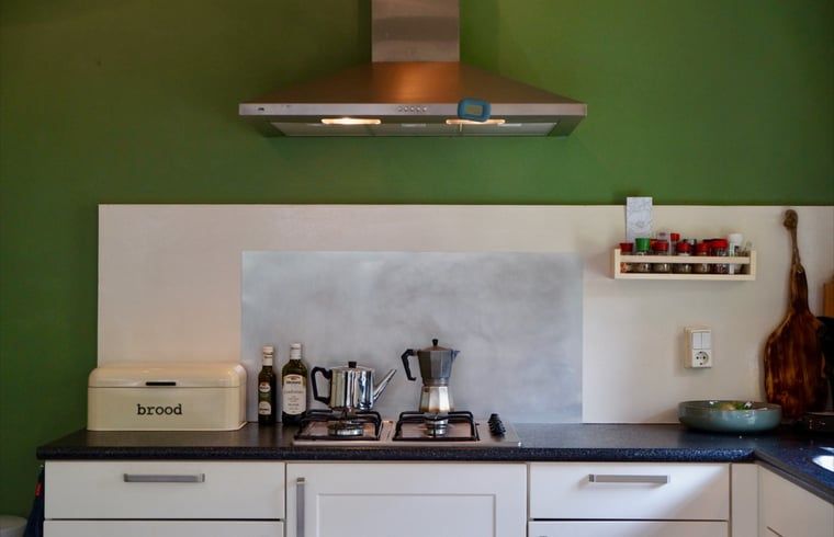 Moderne Kueche in Cottage in Norg, Ferienhaus in Norg, Nord-Drenthe. Stilvolle Einrichtung mit gruenen Akzenten und Kochgelegenheit.