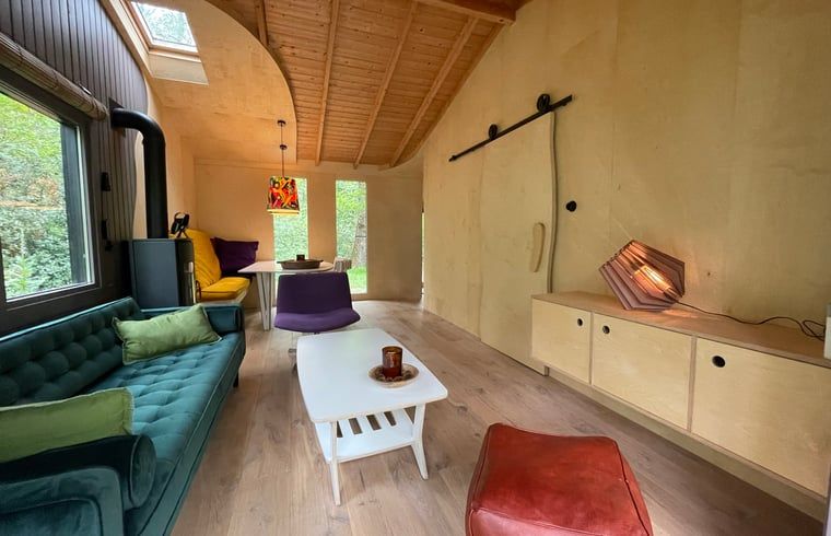 Gezellige woonkamer van Huisje in Norg, een vakantiehuis in Noord Drenthe, Drenthe, met moderne inrichting en uitzicht op de groene omgeving.