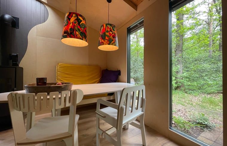Gezellige binnenruimte van Huisje in Norg, vakantiehuis in Noord Drenthe, met kleurrijke lampen en uitzicht op de groene natuur.