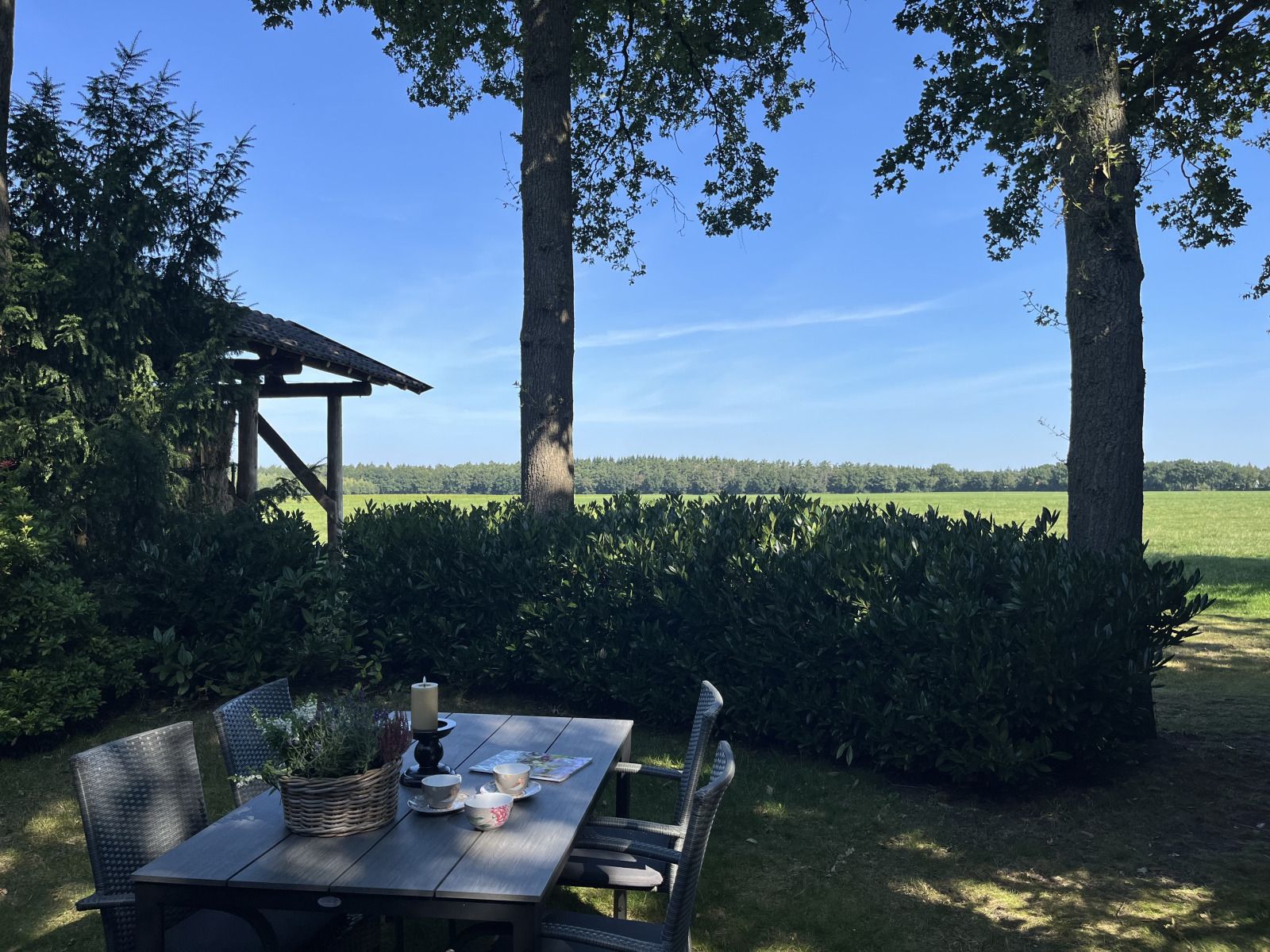 Buitenterras van DG1879 in Borger, Noord Drenthe met uitzicht op groene velden.