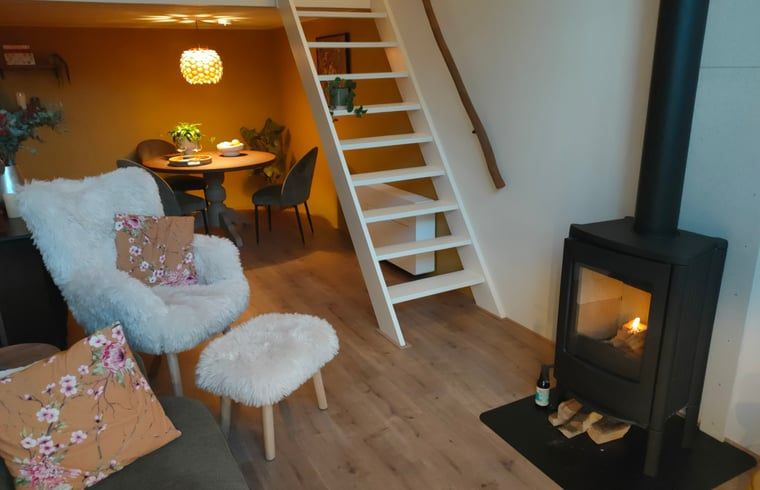 Gezellige woonkamer van Huisje in Veenhuizen, vakantiehuis in Noord Drenthe, met stijlvolle inrichting en warme kleuren voor een ontspannen verblijf.