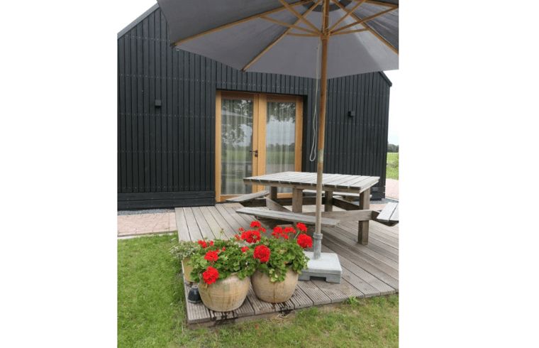 Veranda van Huisje in Bunne, vakantiehuis in Noord Drenthe, met houten terras, parasol en bloeiende geraniums, omgeven door groen landschap.