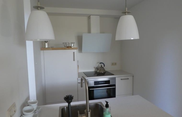 Moderne keuken in Huisje in Bunne, vakantiehuis gelegen in het rustige Noord Drenthe, met stijlvolle inrichting en moderne apparatuur.