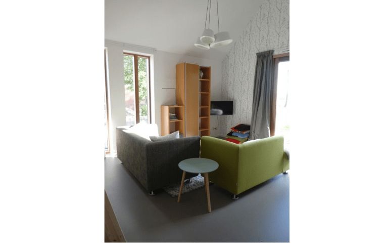 Gezellige woonkamer van Huisje in Bunne, vakantiehuis in Noord Drenthe, met comfortabele banken en veel natuurlijk licht.