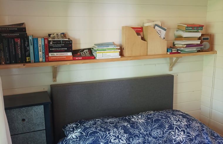 Boekenplank in slaapkamer van Huisje in Matsloot, vakantiehuis in Noord Drenthe, Drenthe.