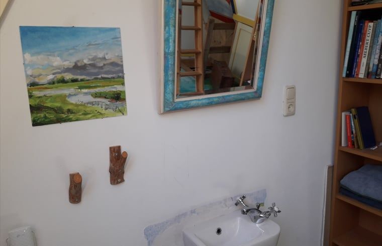 Badezimmer mit kuenstlerischen Details in Ferienhaus in Altena, Nord-Drenthe, Drenthe.