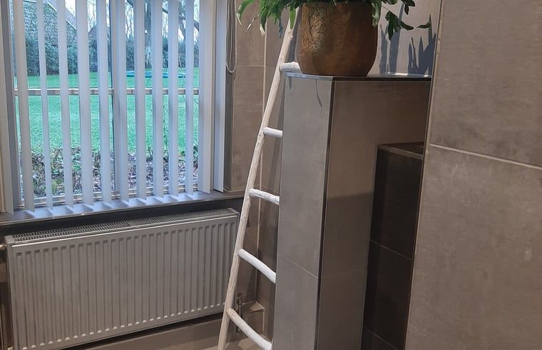 Vakantiehuis in Aalden, badkamer met designradiator en groen uitzicht in Zuidoost Drenthe, Drenthe.
