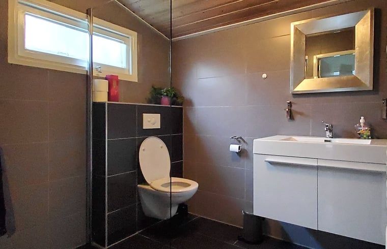 Modernes Badezimmer im Ferienhaus in Exloo, Ferienhaus in Drenthe mit geraeumiger Dusche und Toilette.